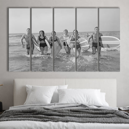 Surfers on the Beach Black and White Art Retro Coastal Wall Art, 5 Pieces Large Canvas Print