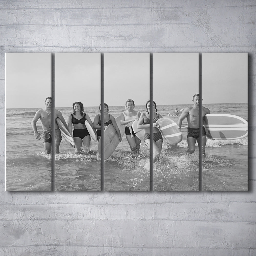Surfers on the Beach Black and White Art Retro Coastal Wall Art, 5 Pieces Large Canvas Print