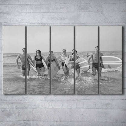 Surfers on the Beach Black and White Art Retro Coastal Wall Art, 5 Pieces Large Canvas Print