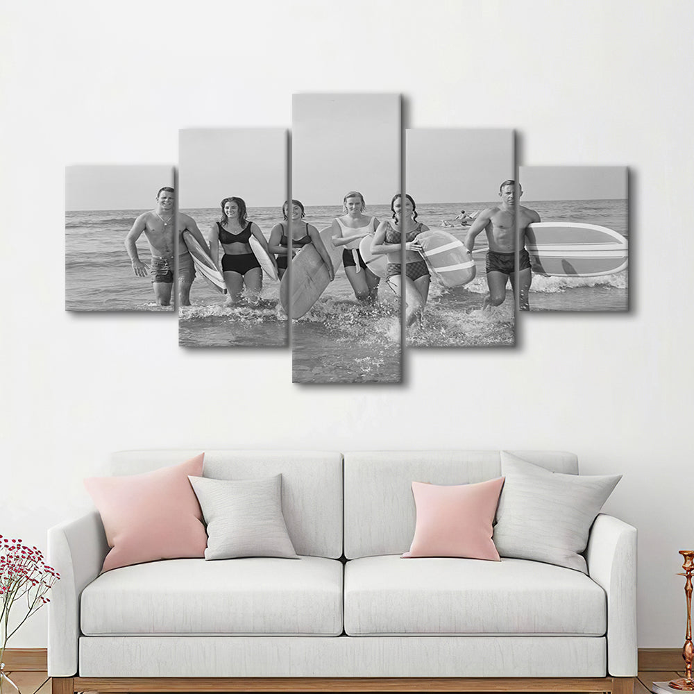 Surfers on the Beach Black and White Art Retro Coastal Wall Art, Mixed 5 Pieces Canvas Print