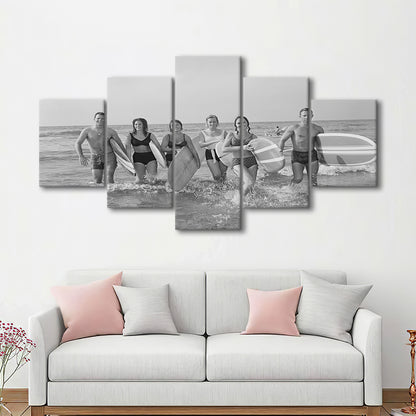 Surfers on the Beach Black and White Art Retro Coastal Wall Art, Mixed 5 Pieces Canvas Print