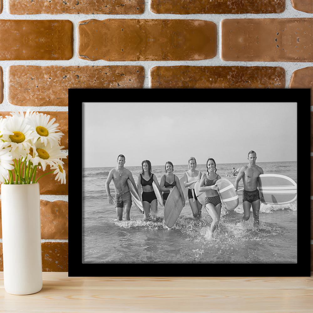 Surfers on the Beach Black and White Art Retro Coastal Wall Art, Framed Art Print Wall Decor