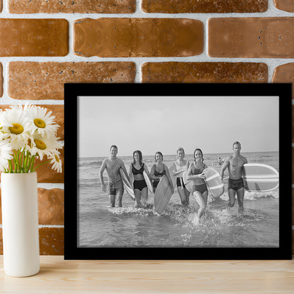 Surfers on the Beach Black and White Art Retro Coastal Wall Art, Framed Art Print Wall Decor