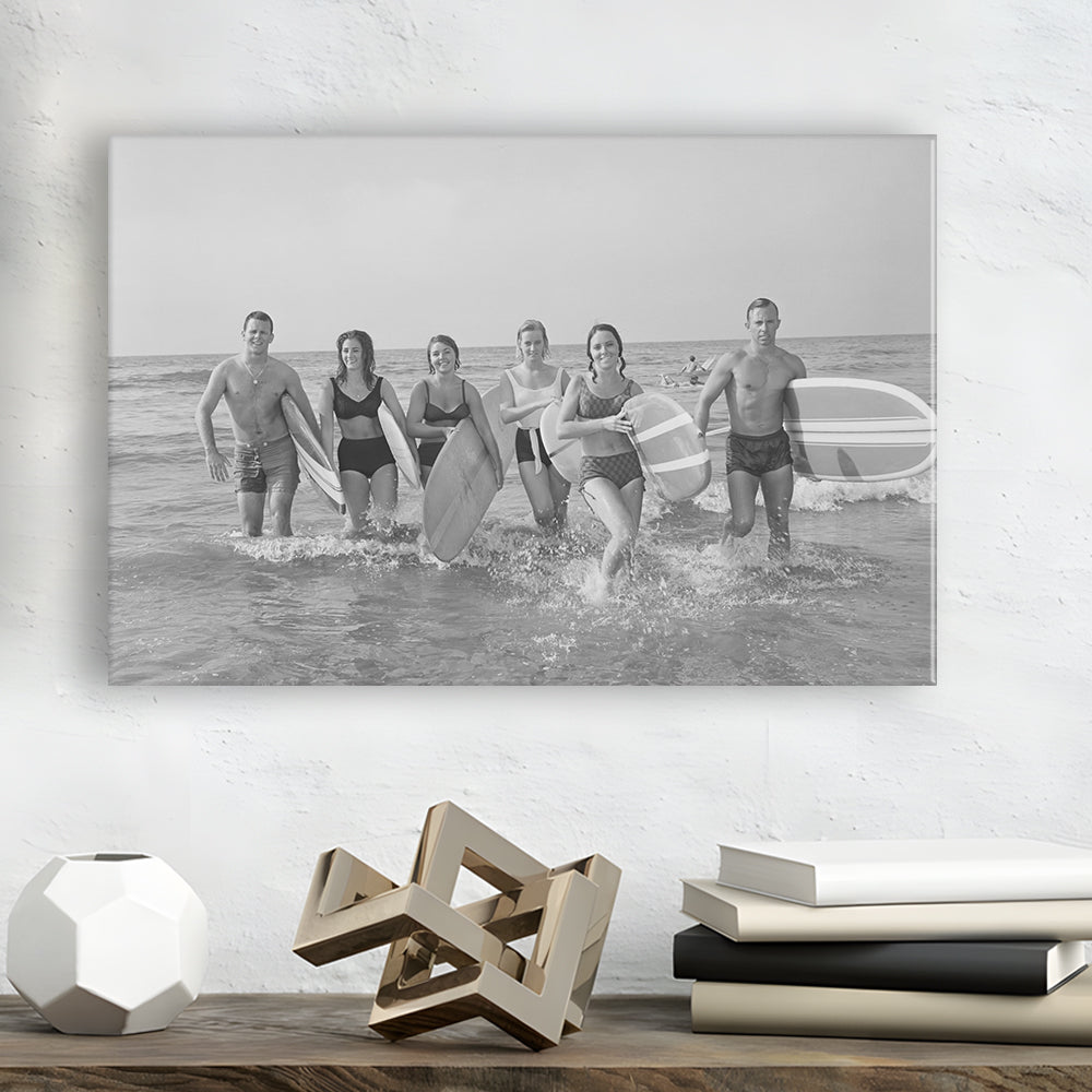 Surfers on the Beach Black and White Art Retro Coastal Wall Art, Canvas Print Wall Art Decor