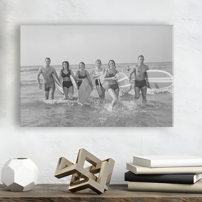 Surfers on the Beach Black and White Art Retro Coastal Wall Art, Canvas Print Wall Art Decor