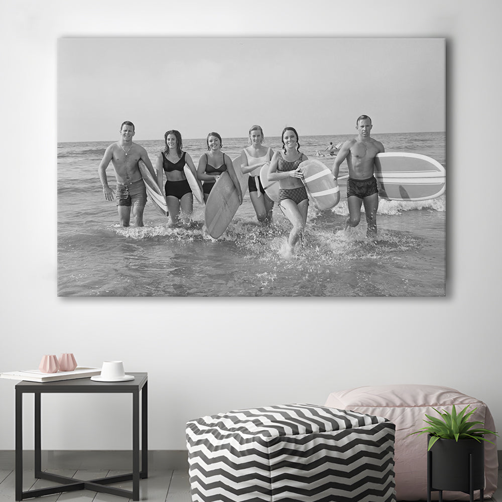Surfers on the Beach Black and White Art Retro Coastal Wall Art, Canvas Print Wall Art Decor