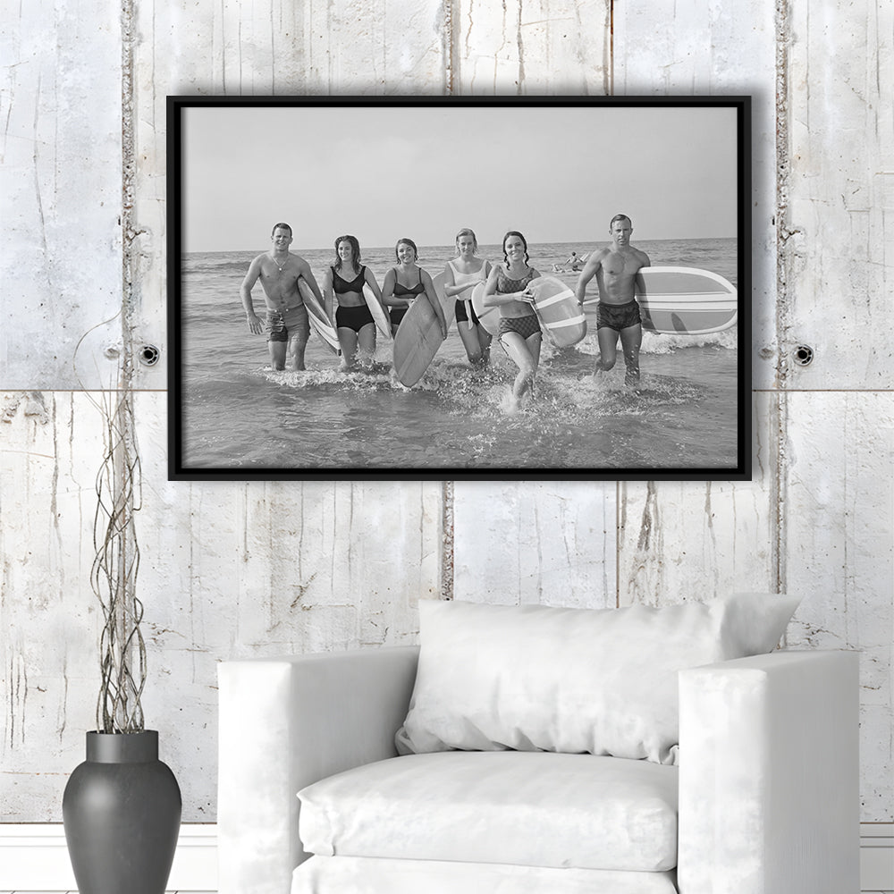 Surfers on the Beach Black and White Art Retro Coastal Wall Art, Floating Framed Canvas Print