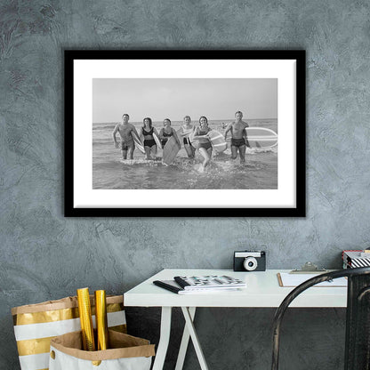 Surfers on the Beach Black and White Art Retro Coastal Wall Art, Framed Art Print White Border Wall Decor