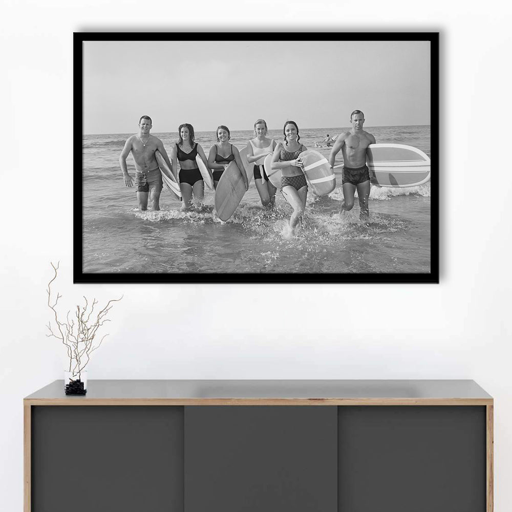 Surfers on the Beach Black and White Art Retro Coastal Wall Art, Framed Art Print Wall Decor