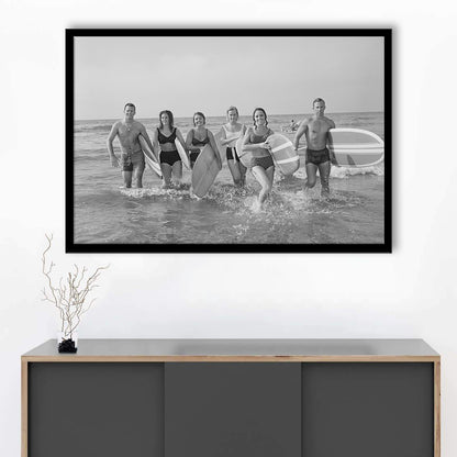 Surfers on the Beach Black and White Art Retro Coastal Wall Art, Framed Art Print Wall Decor