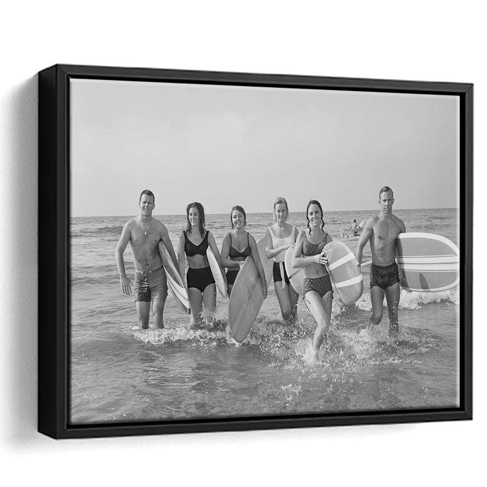 Surfers on the Beach Black and White Art Retro Coastal Wall Art, Floating Framed Canvas Print
