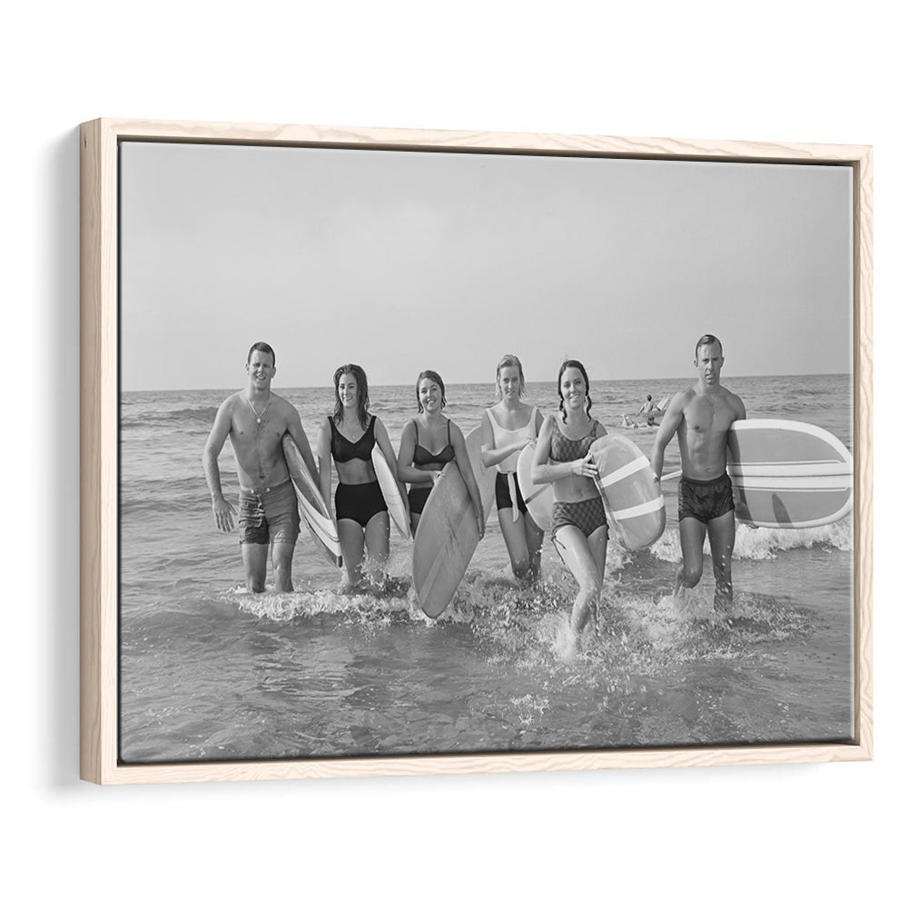 Surfers on the Beach Black and White Art Retro Coastal Wall Art, Floating Framed Canvas Print