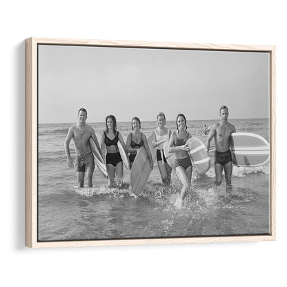 Surfers on the Beach Black and White Art Retro Coastal Wall Art, Floating Framed Canvas Print
