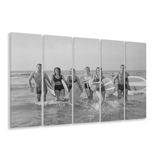 Surfers on the Beach Black and White Art Retro Coastal Wall Art, 5 Pieces Large Canvas Print