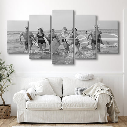 Surfers on the Beach Black and White Art Retro Coastal Wall Art, Mixed 5 Pieces Canvas Print
