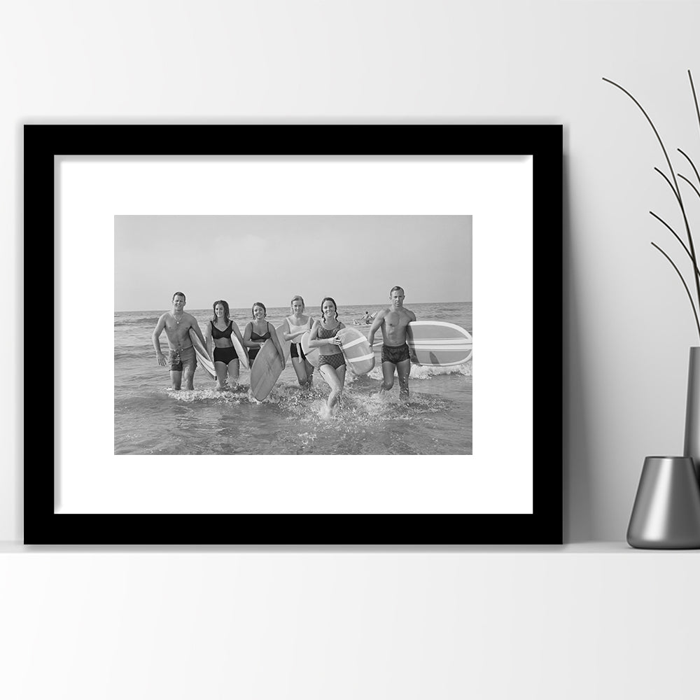 Surfers on the Beach Black and White Art Retro Coastal Wall Art, Framed Art Print White Border Wall Decor