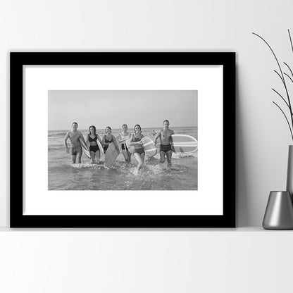 Surfers on the Beach Black and White Art Retro Coastal Wall Art, Framed Art Print White Border Wall Decor