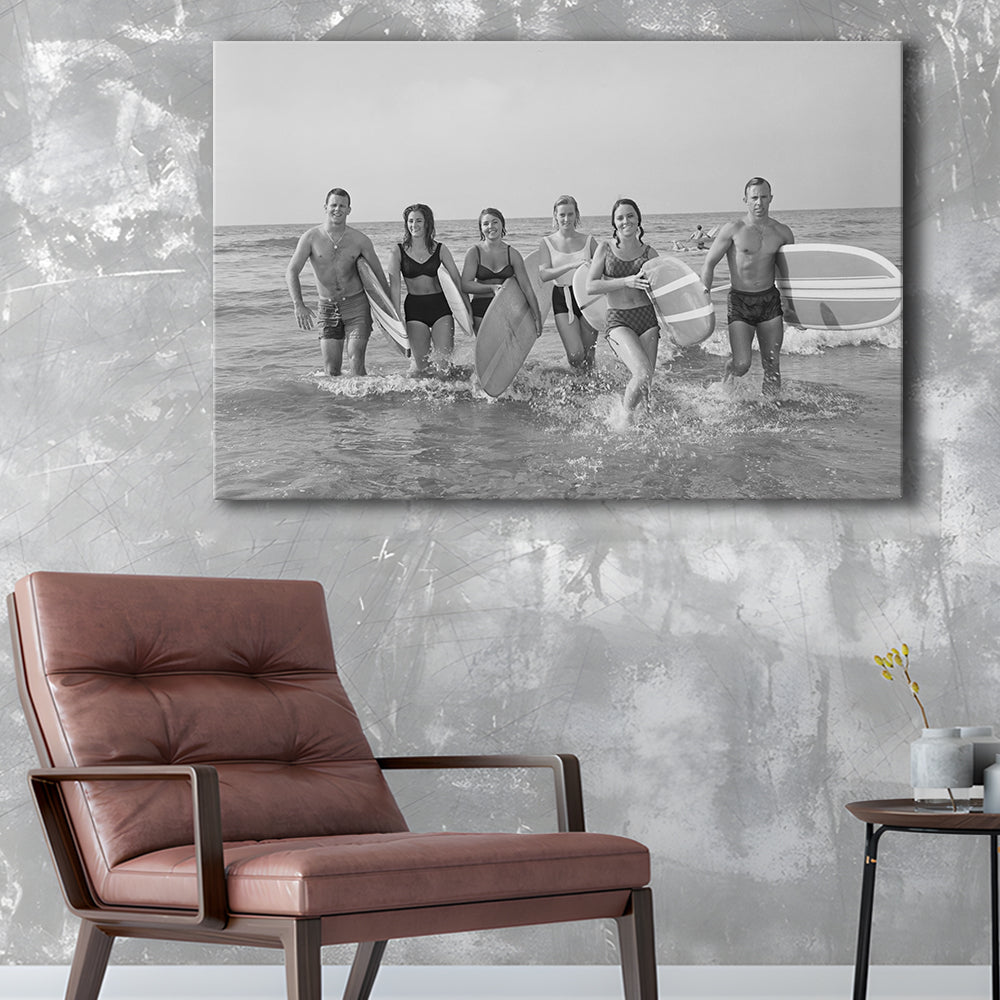 Surfers on the Beach Black and White Art Retro Coastal Wall Art, Canvas Print Wall Art Decor