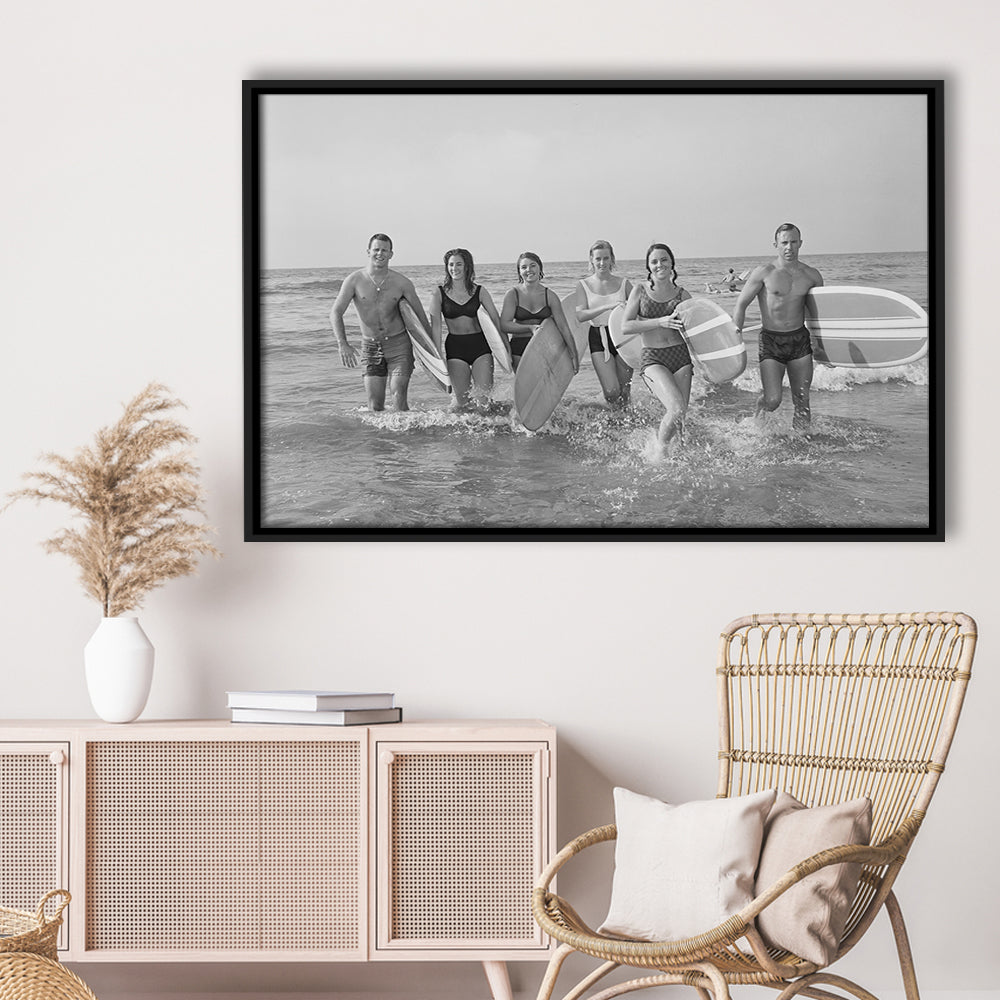 Surfers on the Beach Black and White Art Retro Coastal Wall Art, Floating Framed Canvas Print