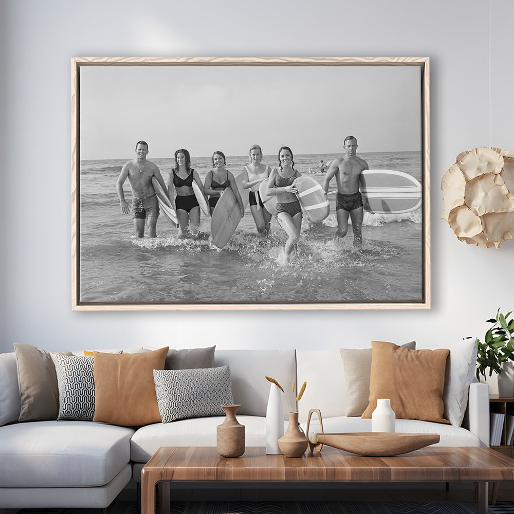 Surfers on the Beach Black and White Art Retro Coastal Wall Art, Floating Framed Canvas Print