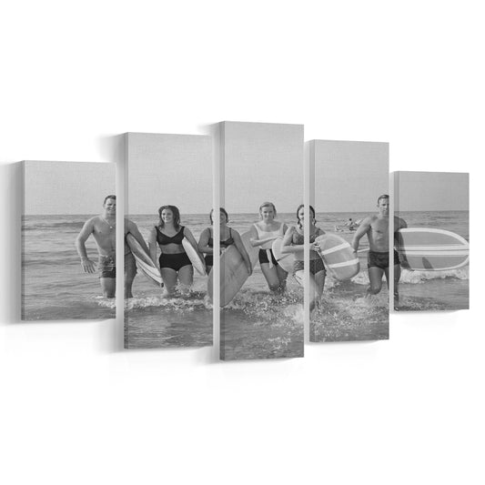 Surfers on the Beach Black and White Art Retro Coastal Wall Art, Mixed 5 Pieces Canvas Print