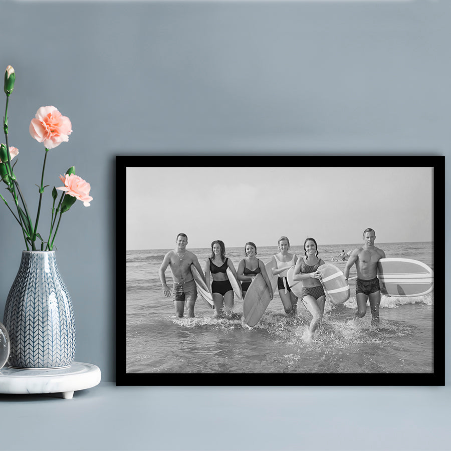 Surfers on the Beach Black and White Art Retro Coastal Wall Art, Framed Art Print Wall Decor