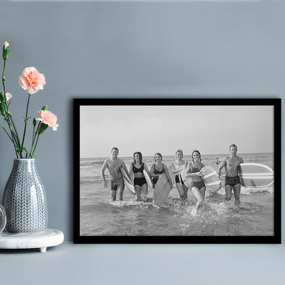 Surfers on the Beach Black and White Art Retro Coastal Wall Art, Framed Art Print Wall Decor