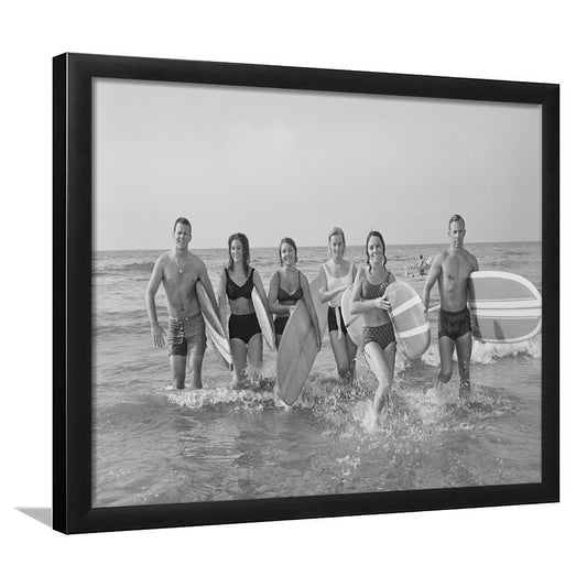 Surfers on the Beach Black and White Art Retro Coastal Wall Art, Framed Art Print Wall Decor