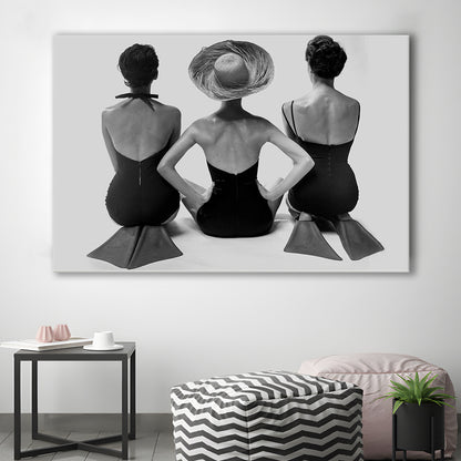 Swimsuit Girls Print, Beach House, Black and White, 1950s Beachy Room Decor, Canvas Print Wall Art Decor