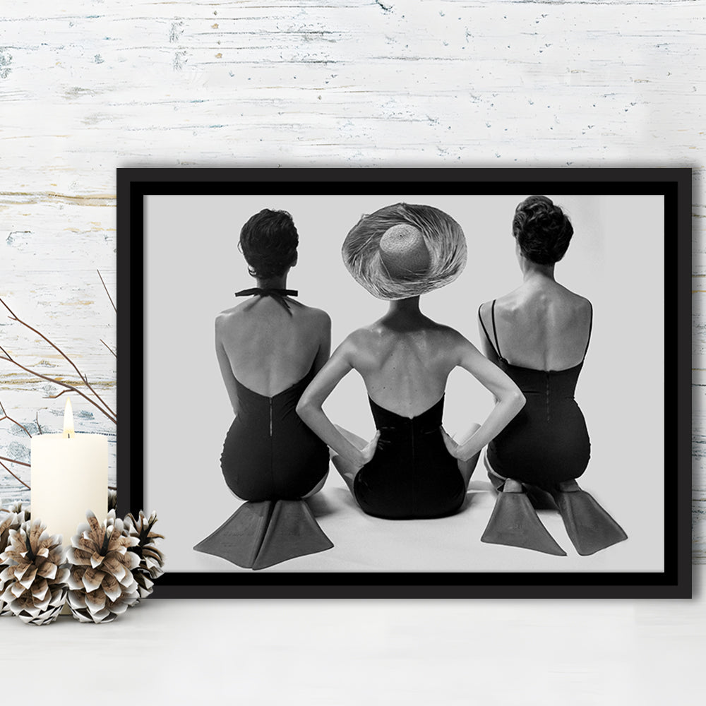 Swimsuit Girls Print, Beach House, Black and White, 1950s Beachy Room Decor, Floating Framed Canvas Print