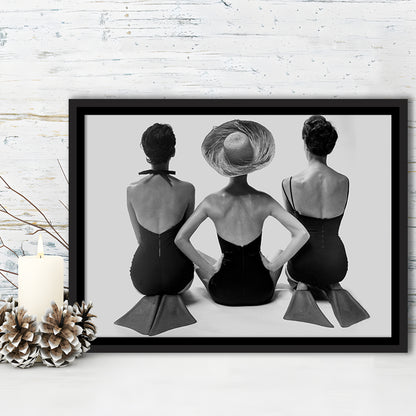 Swimsuit Girls Print, Beach House, Black and White, 1950s Beachy Room Decor, Floating Framed Canvas Print