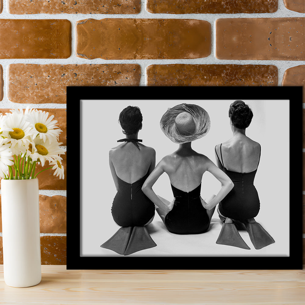 Swimsuit Girls Print, Beach House, Black and White, 1950s Beachy Room Decor, Framed Art Print Wall Decor