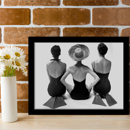 Swimsuit Girls Print, Beach House, Black and White, 1950s Beachy Room Decor, Framed Art Print Wall Decor