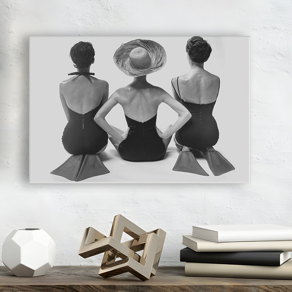 Swimsuit Girls Print, Beach House, Black and White, 1950s Beachy Room Decor, Canvas Print Wall Art Decor
