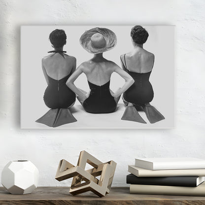 Swimsuit Girls Print, Beach House, Black and White, 1950s Beachy Room Decor, Canvas Print Wall Art Decor
