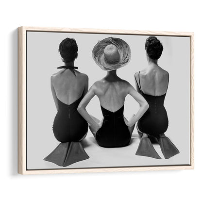 Swimsuit Girls Print, Beach House, Black and White, 1950s Beachy Room Decor, Floating Framed Canvas Print