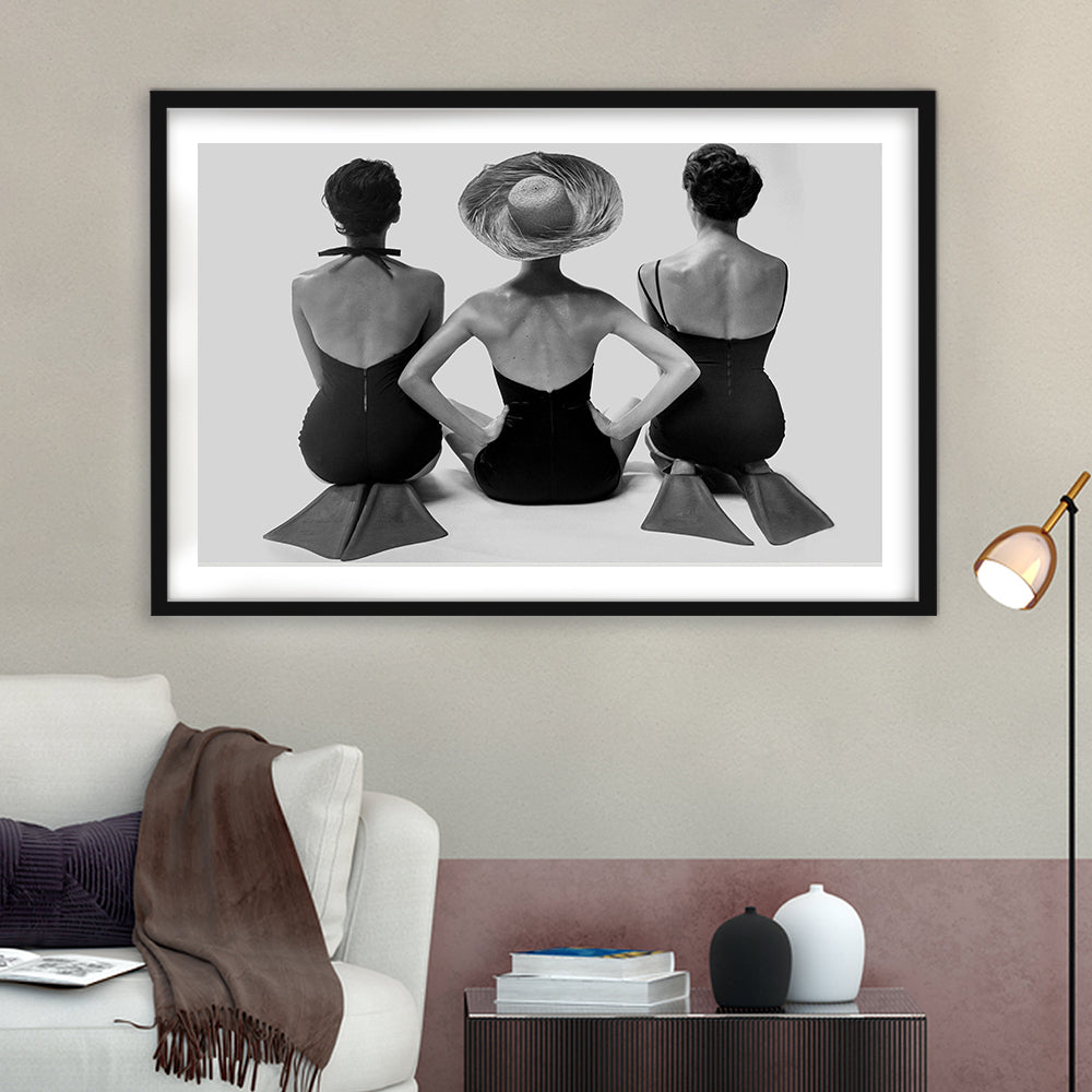 Swimsuit Girls Print, Beach House, Black and White, 1950s Beachy Room Decor, Framed Art Print White Border Wall Decor