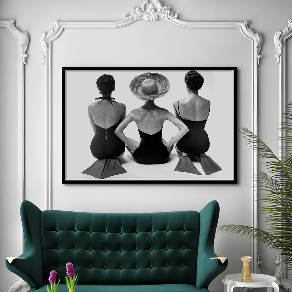 Swimsuit Girls Print, Beach House, Black and White, 1950s Beachy Room Decor, Framed Art Print Wall Decor