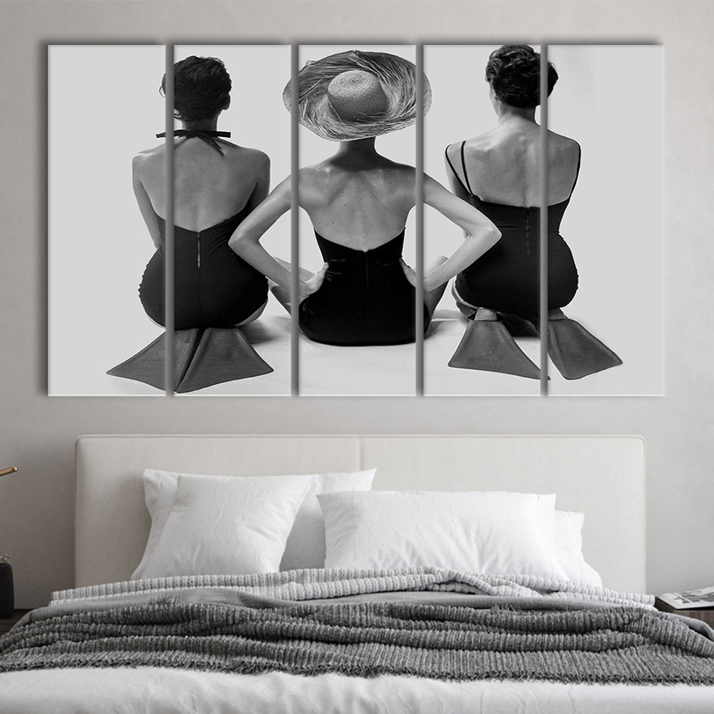 Swimsuit Girls Print, Beach House, Black and White, 1950s Beachy Room Decor, 5 Pieces Large Canvas Print