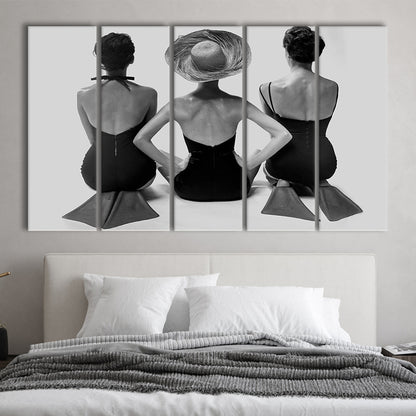Swimsuit Girls Print, Beach House, Black and White, 1950s Beachy Room Decor, 5 Pieces Large Canvas Print