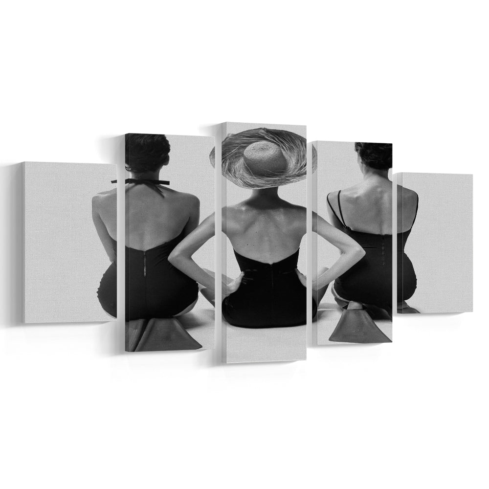 Swimsuit Girls Print, Beach House, Black and White, 1950s Beachy Room Decor, Mixed 5 Pieces Canvas Print
