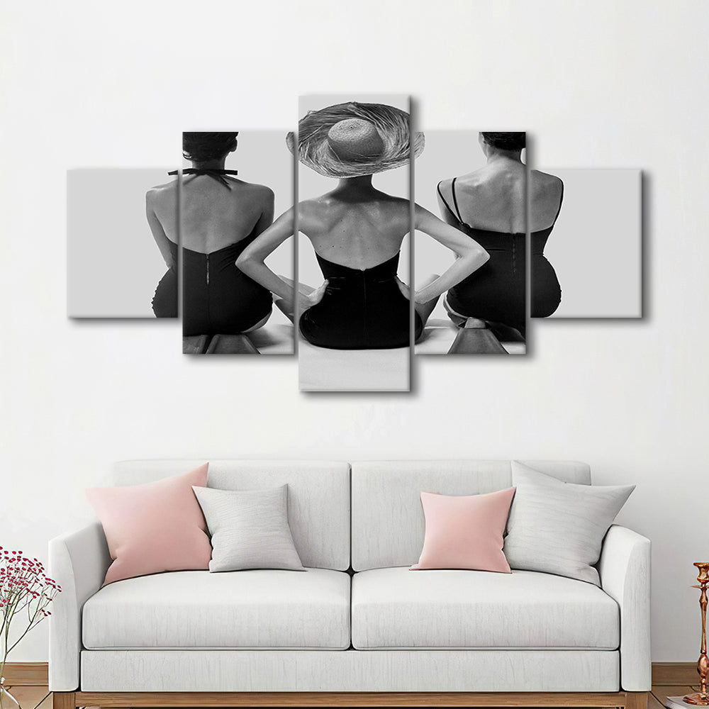 Swimsuit Girls Print, Beach House, Black and White, 1950s Beachy Room Decor, Mixed 5 Pieces Canvas Print