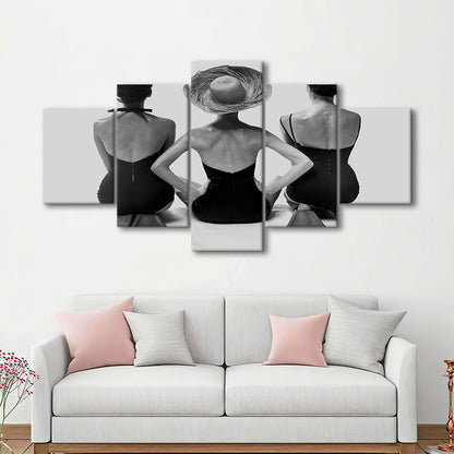Swimsuit Girls Print, Beach House, Black and White, 1950s Beachy Room Decor, Mixed 5 Pieces Canvas Print