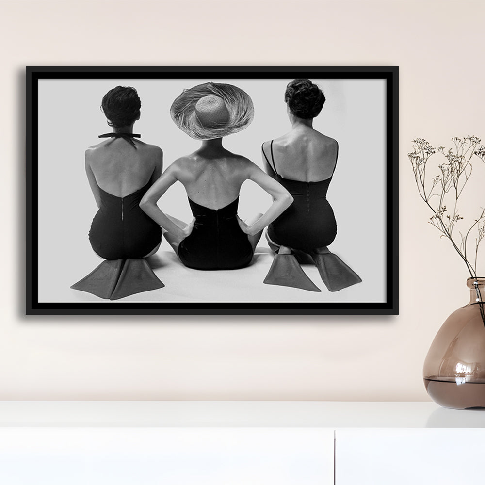 Swimsuit Girls Print, Beach House, Black and White, 1950s Beachy Room Decor, Floating Framed Canvas Print