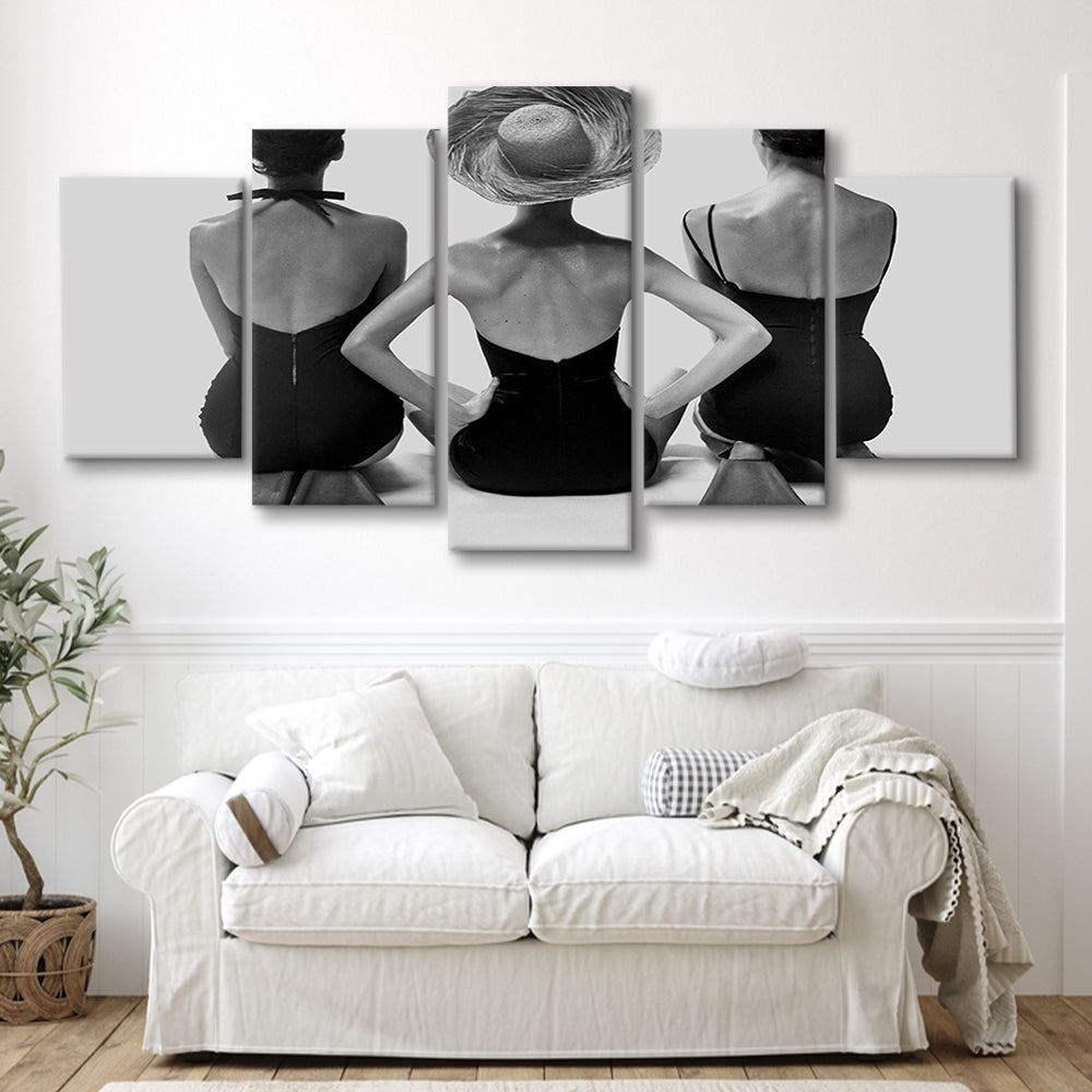 Swimsuit Girls Print, Beach House, Black and White, 1950s Beachy Room Decor, Mixed 5 Pieces Canvas Print