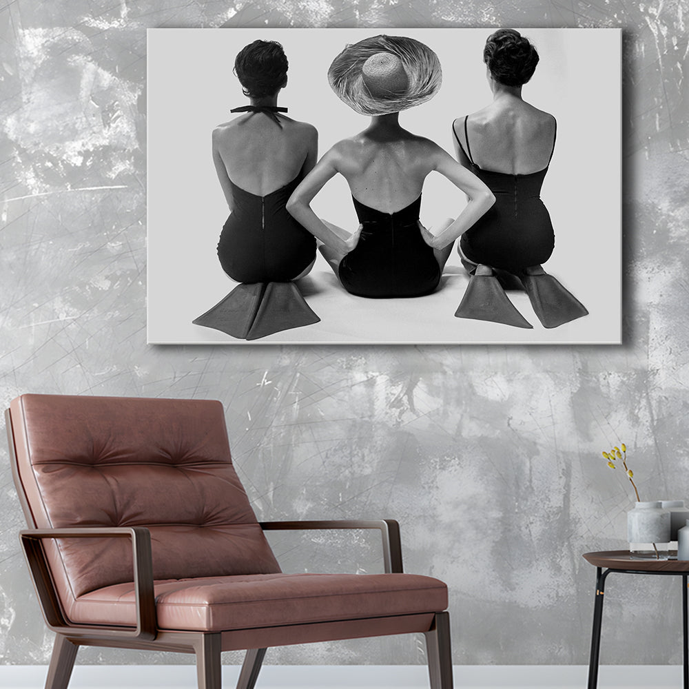 Swimsuit Girls Print, Beach House, Black and White, 1950s Beachy Room Decor, Canvas Print Wall Art Decor