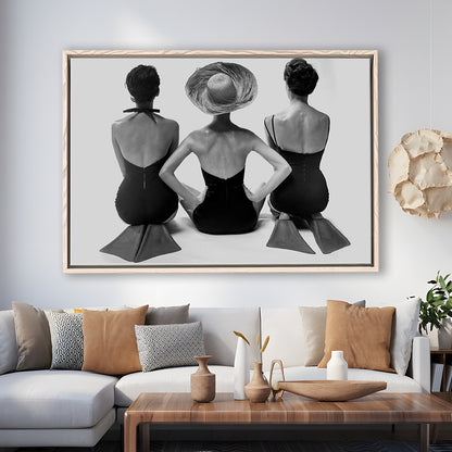 Swimsuit Girls Print, Beach House, Black and White, 1950s Beachy Room Decor, Floating Framed Canvas Print