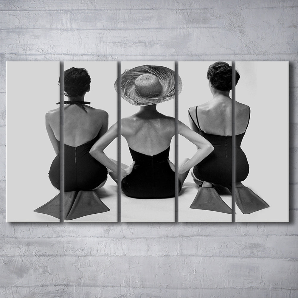 Swimsuit Girls Print, Beach House, Black and White, 1950s Beachy Room Decor, 5 Pieces Large Canvas Print
