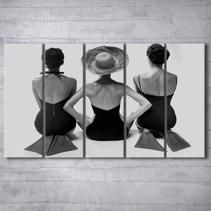 Swimsuit Girls Print, Beach House, Black and White, 1950s Beachy Room Decor, 5 Pieces Large Canvas Print