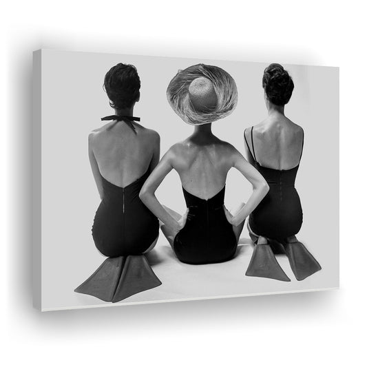 Swimsuit Girls Print, Beach House, Black and White, 1950s Beachy Room Decor, Canvas Print Wall Art Decor